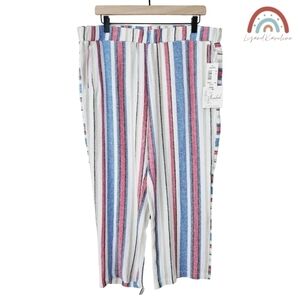 New! Caffe Marrakesh Linen Stripes Pull On Straight Leg Cropped Casual Pants